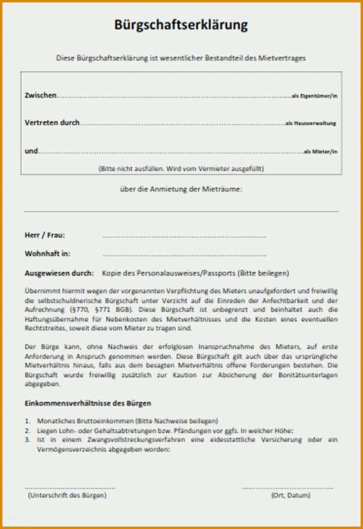 Bürgschaft Vorlage Pdf Mietbuergschaft Eltern Vorlage Kostenlos