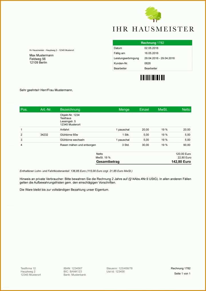 Faszinieren Hausmeister Rechnung Vorlage 2479x3508