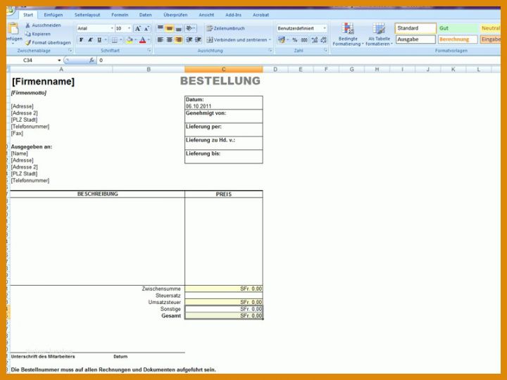Überraschend Bestellformular Excel Vorlage 800x600