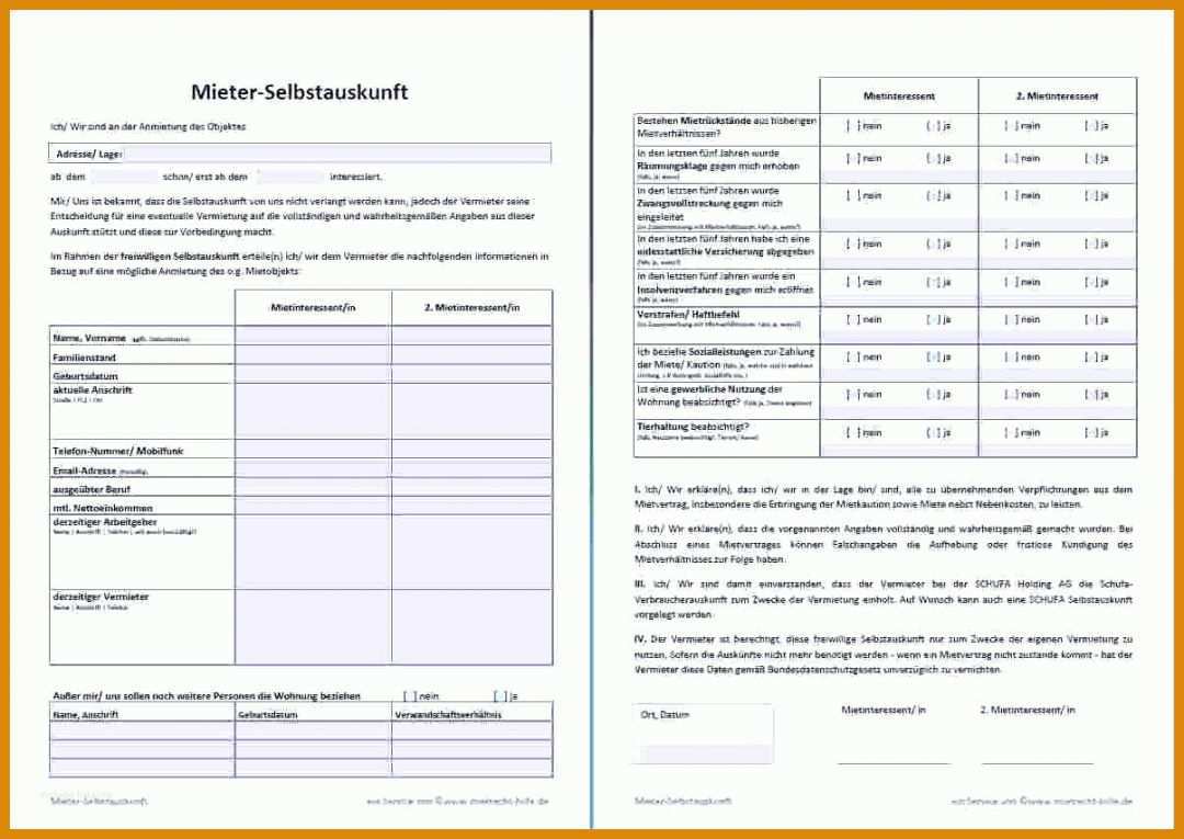 Allerbeste Selbstauskunft Mieter Vorlage 1204x853