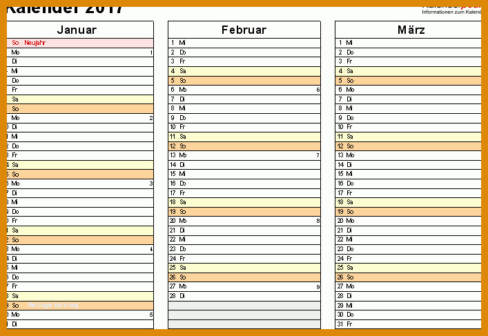 Ungewöhnlich Vorlage Kalender 2017 707x487