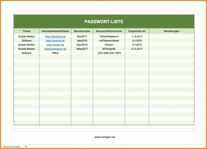 Excel Passwortliste Vorlage Passwortliste Excel