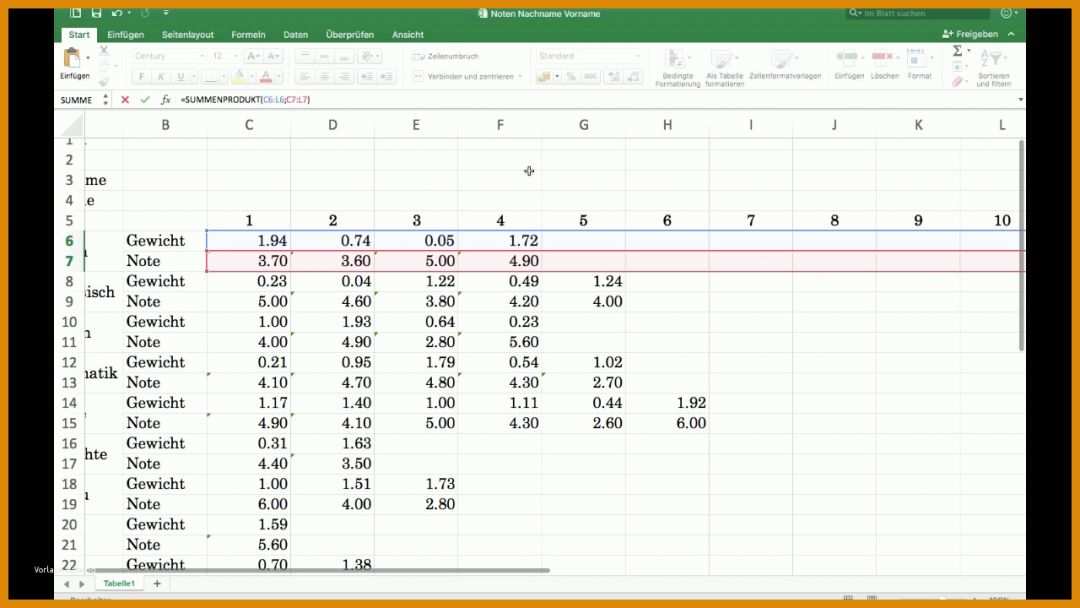 Einzahl Notenliste Excel Vorlage 1280x720