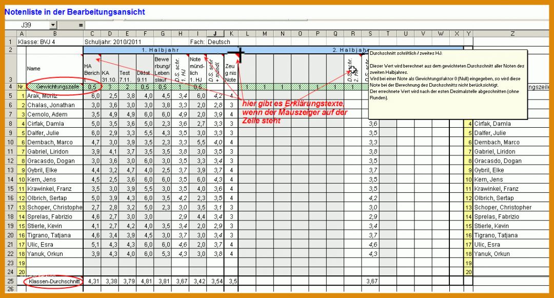 Empfohlen Notenliste Excel Vorlage 1133x609