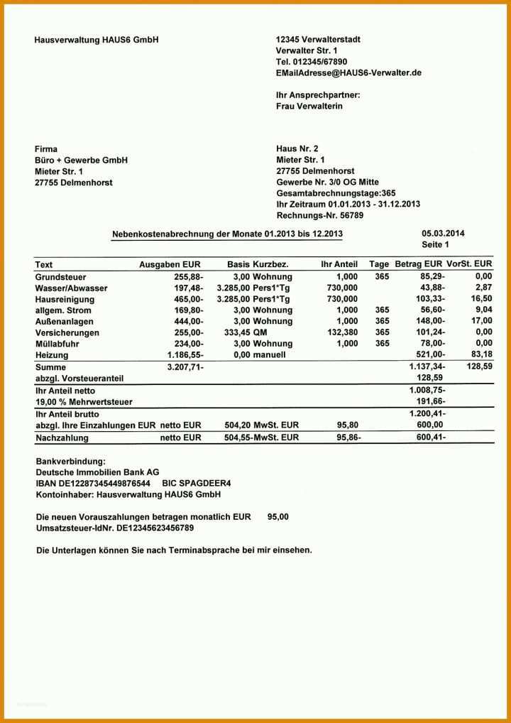 Bestbewertet Nebenkostenabrechnung Vermieter Vorlage 1240x1754