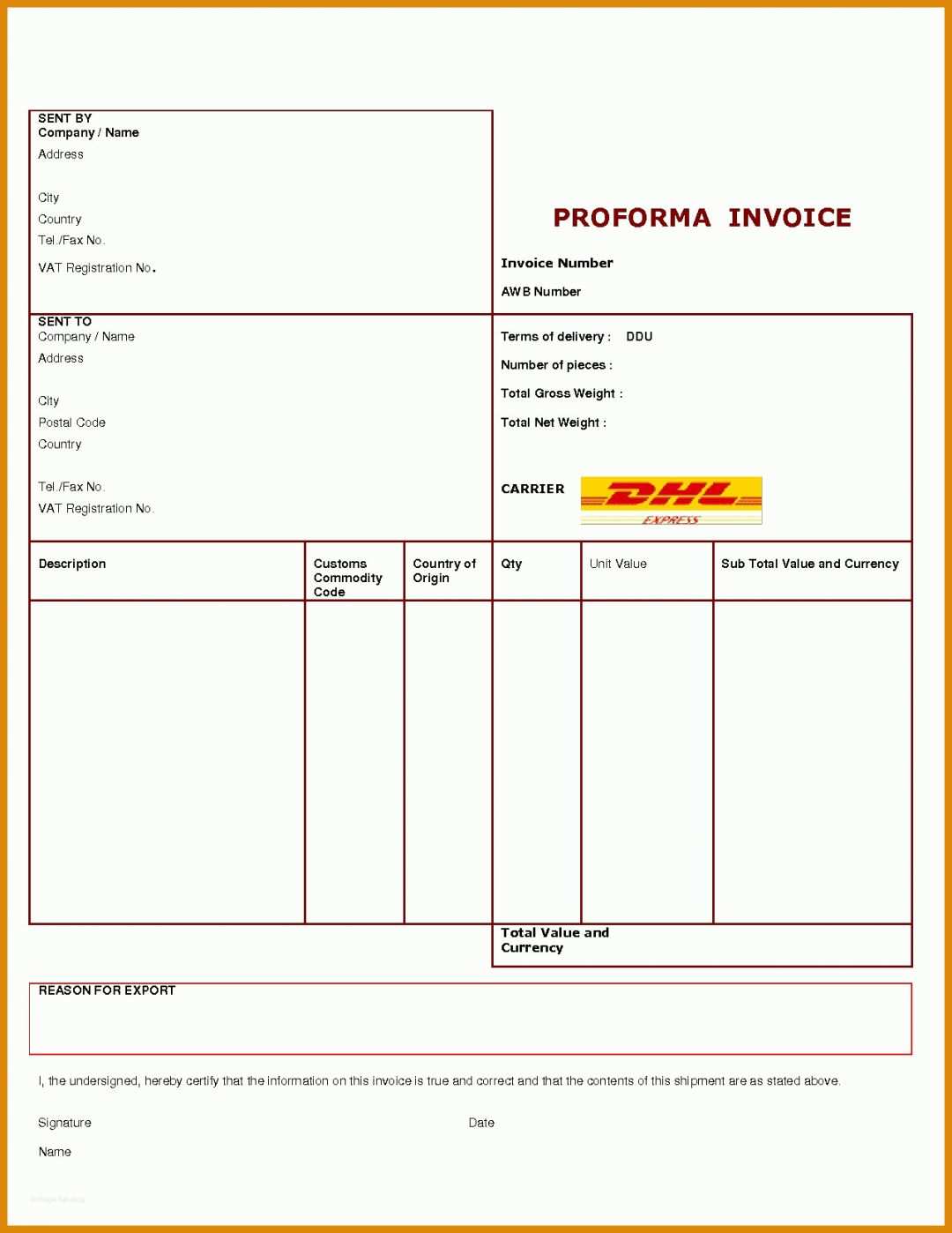 Spektakulär Proforma Invoice Vorlage 1275x1650