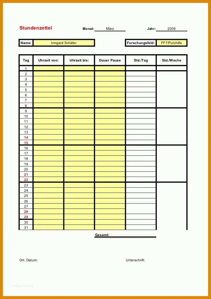 Wunderschönen Vorlage Stundenzettel Excel 728x1031