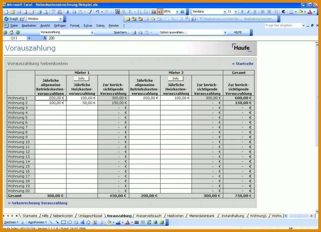 Neue Version Nebenkostenabrechnung Excel Vorlage 1178x854