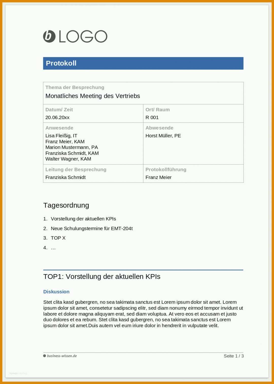 Überraschend Besprechungsprotokoll Vorlage Word 2010 1158x1622