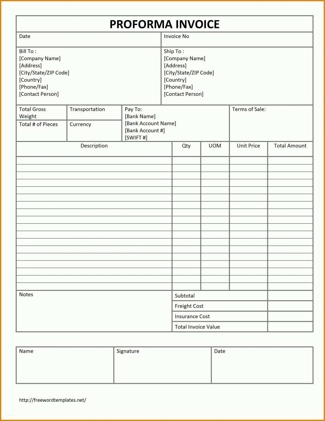 Sensationell Proforma Invoice Vorlage 2550x3300