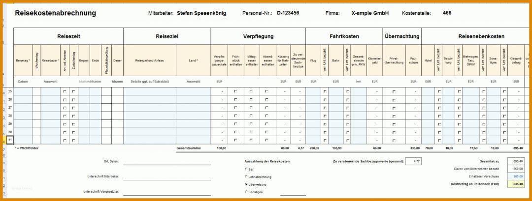 Schockieren Reisekostenabrechnung Vorlage Excel 1894x718