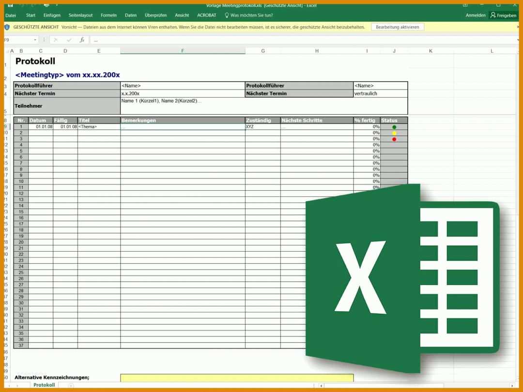 Moderne Besprechungsprotokoll Vorlage Excel 1280x960