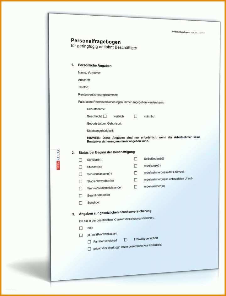 Personalfragebogen Vorlage Word Personalfragebogen Fr Geringfgig Beschftigte Minijobs 3982