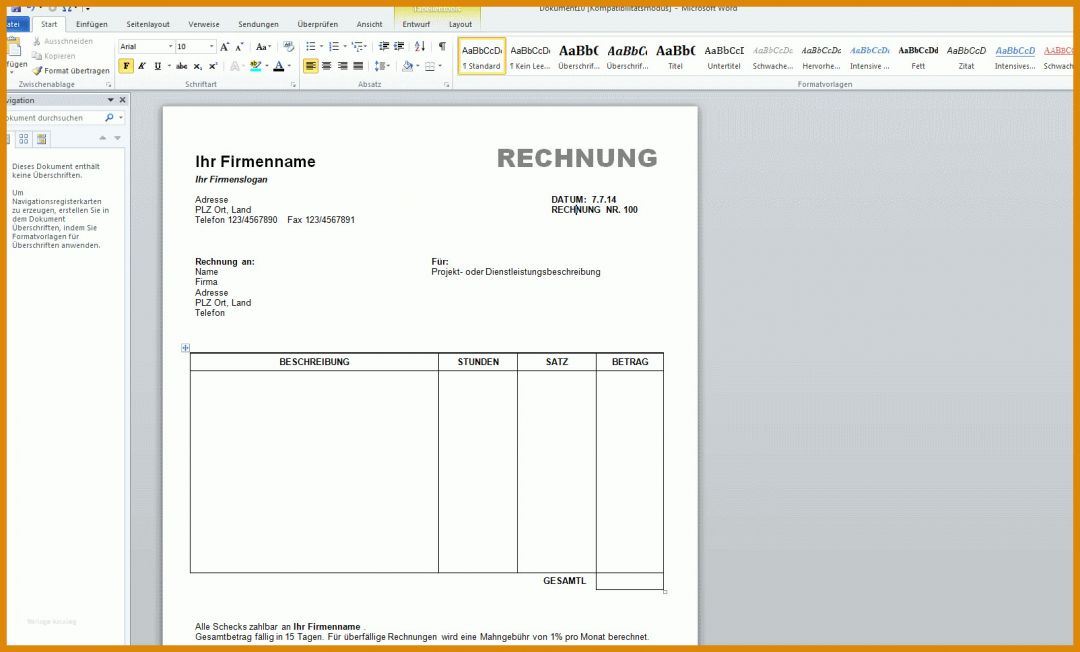 Fabelhaft Word Vorlage Rechnung 1604x968