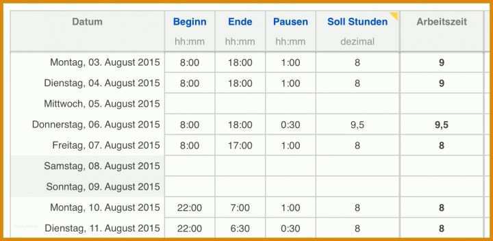 Arbeitsstunden Aufzeichnung Vorlagen Arbeitszeit Zeiterfassung 2015