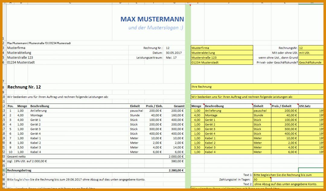 Schockieren Excel Vorlage Rechnung 1275x749