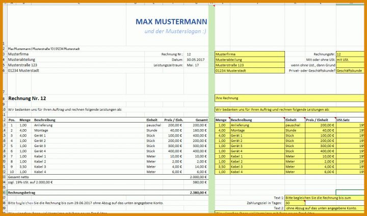 Kreativ Excel Vorlage Rechnung 1275x749