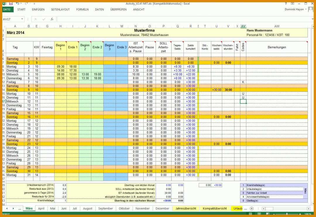 Phänomenal Excel Zeiterfassung Vorlage 1391x953