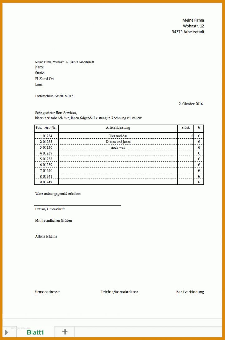 Lieferschein Vorlage Excel Lieferschein