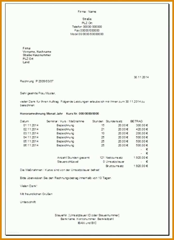 Fabelhaft Privat Rechnung Schreiben Vorlage 1037x1429