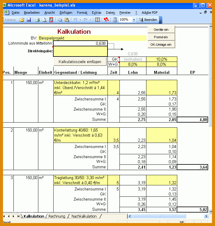 Wunderbar Excel Vorlagen Handwerk Kalkulation Kostenlos 718x756