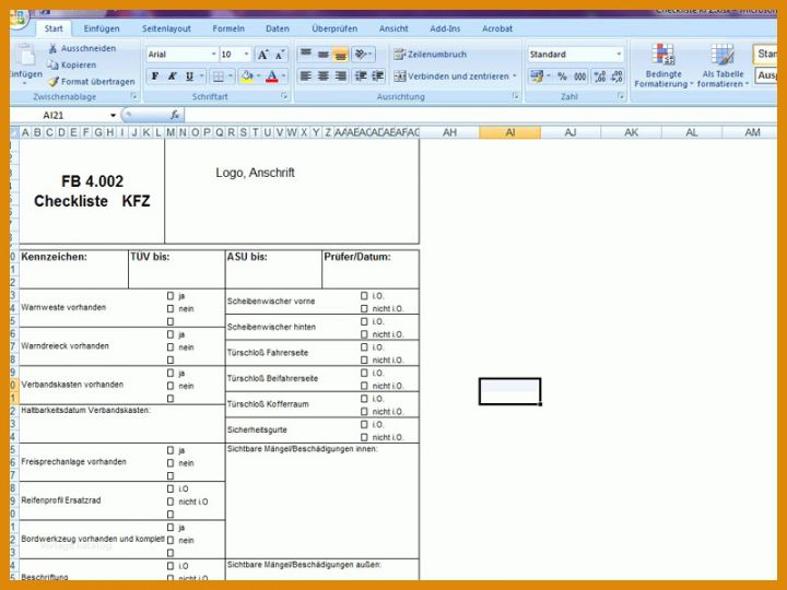 Fahrzeug Checkliste Vorlage Checkliste Kfz