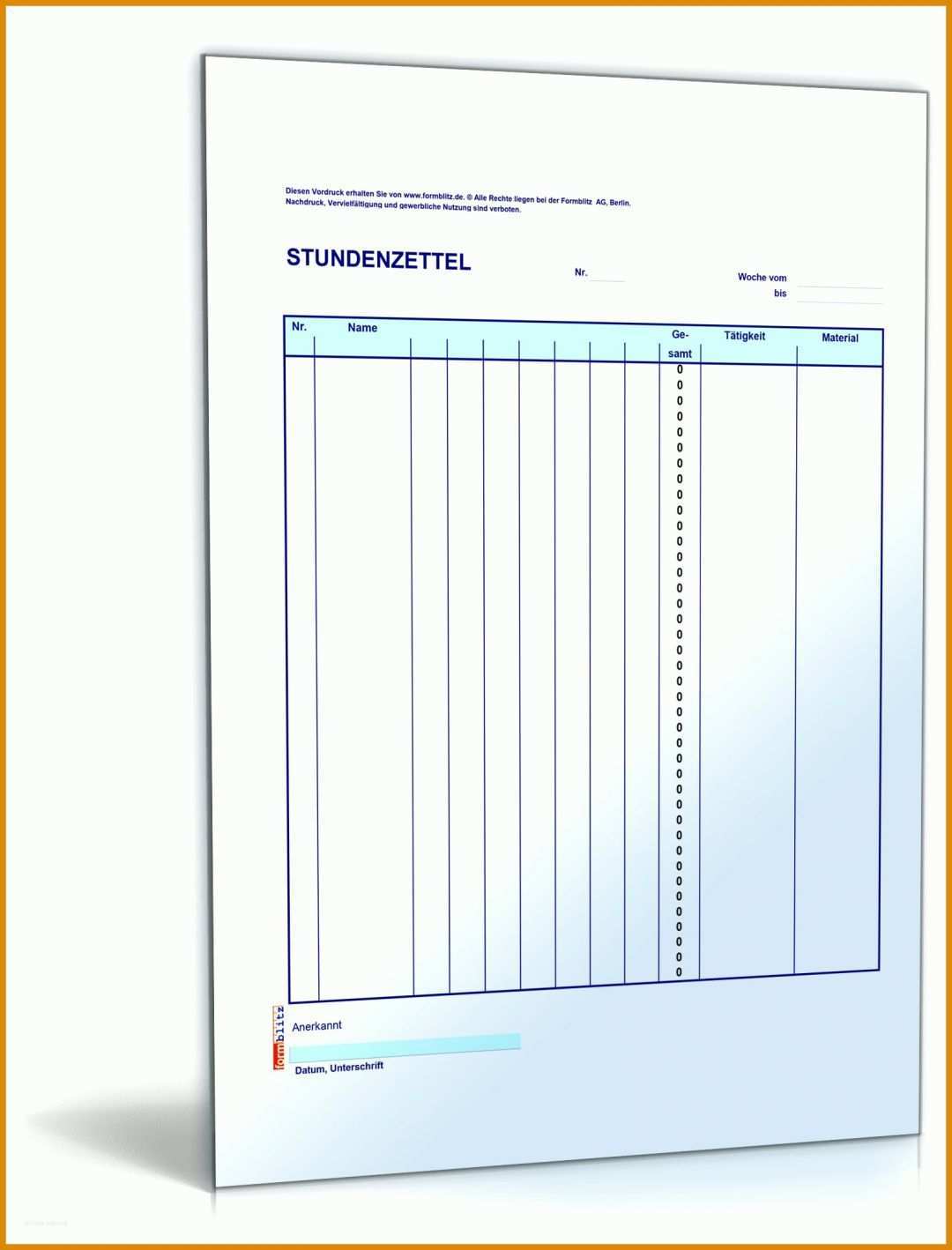 Hervorragen Stundenzettel Nachweis Vorlage 1600x2100