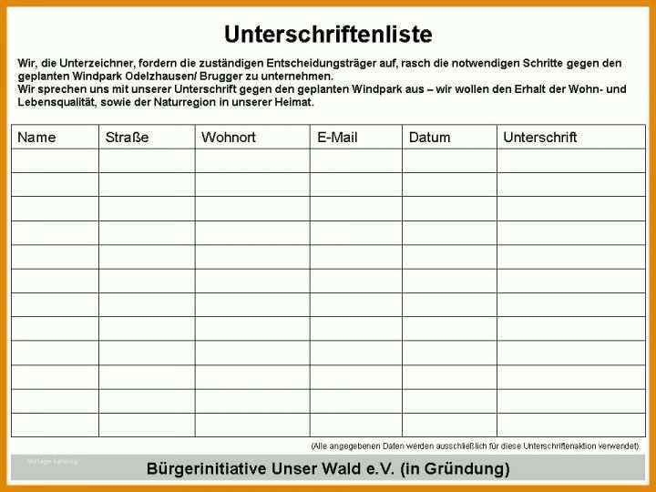 Rühren Unterschriftenliste Vorlage Blanko 960x720