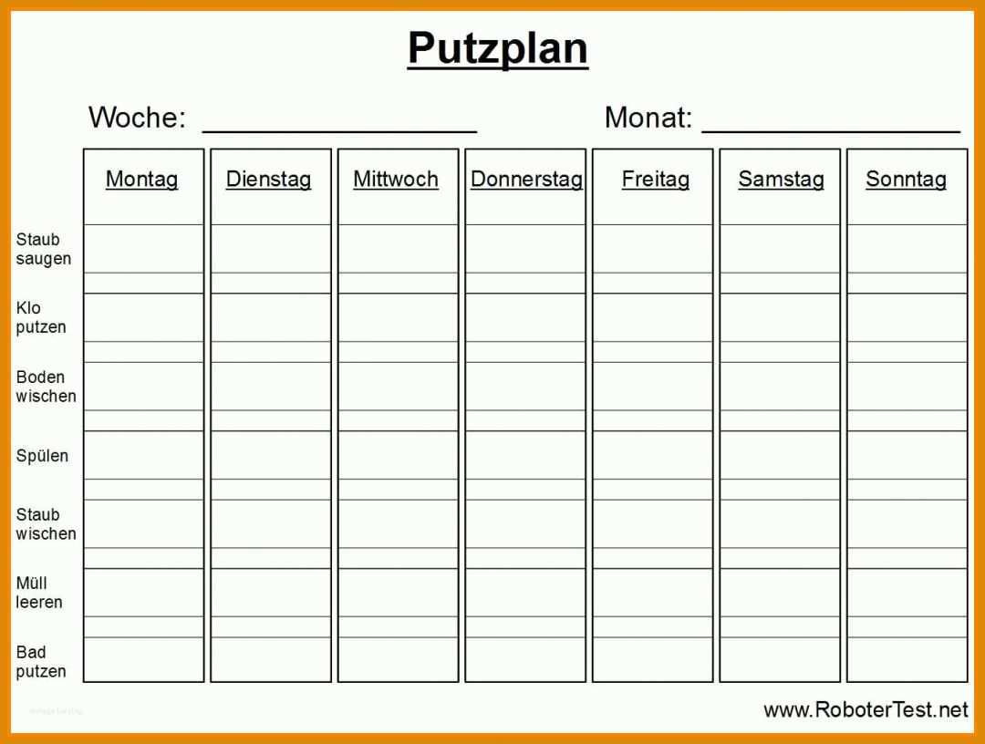 Einzahl Wöchentlicher Putzplan Vorlage 1353x1022