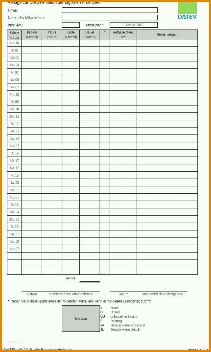 Toll Datev Vorlage Zur Dokumentation Der Täglichen Arbeitszeit 2017 960x1595