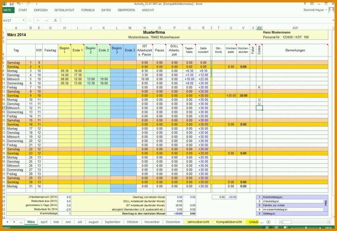 Exklusiv Excel Arbeitszeit Vorlage 1391x953