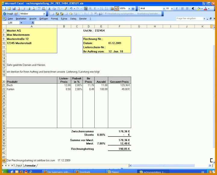 Rühren Rechnung Excel Vorlage 1092x882