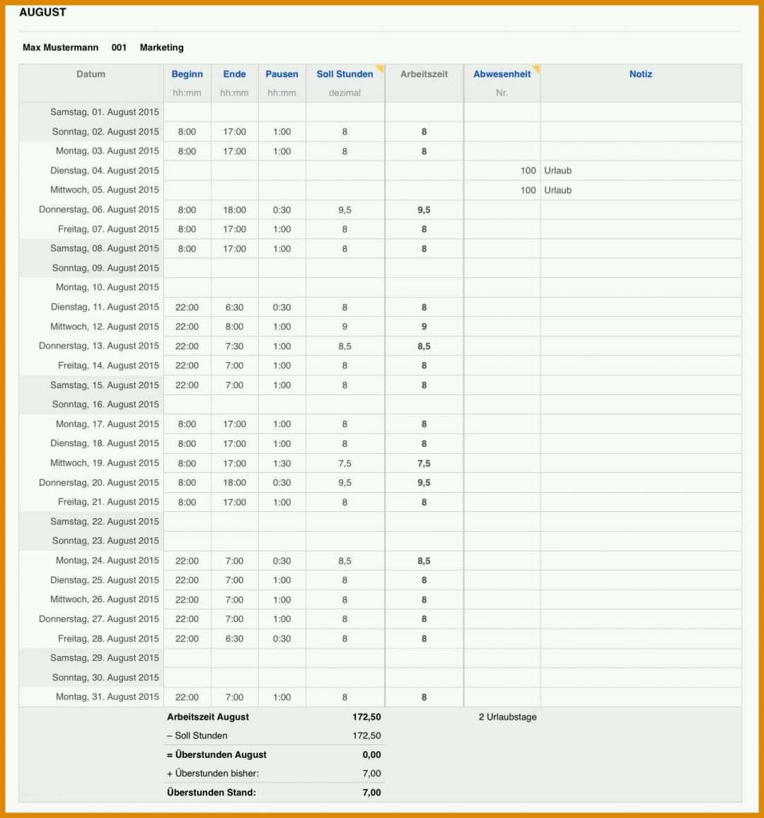 Perfekt Vorlage Zur Dokumentation Der Täglichen Arbeitszeit Excel 1434x1536