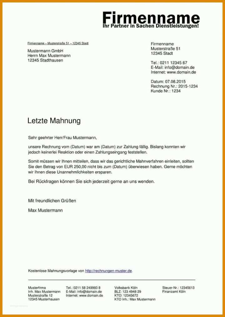 Letzte Mahnung Vorlage 9 Mahnung Mit Verzugszinsen Muster