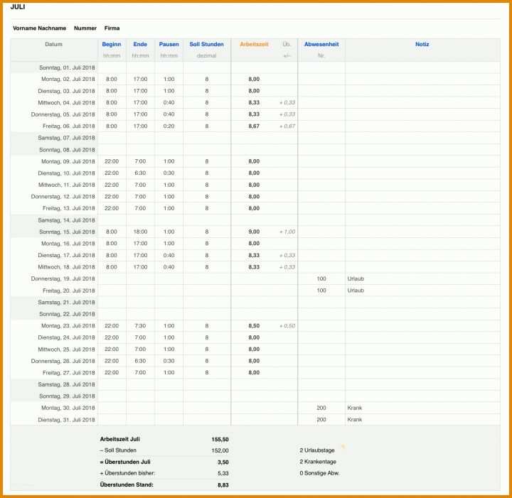 Arbeitszeit Vorlage Zeiterfassung Arbeitszeit 2018