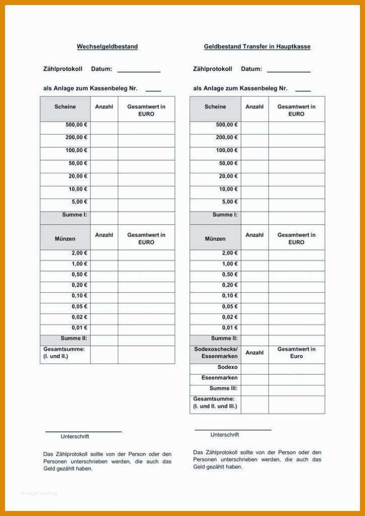 Phänomenal Kassenbericht Mit Zählprotokoll Vorlage 725x1024