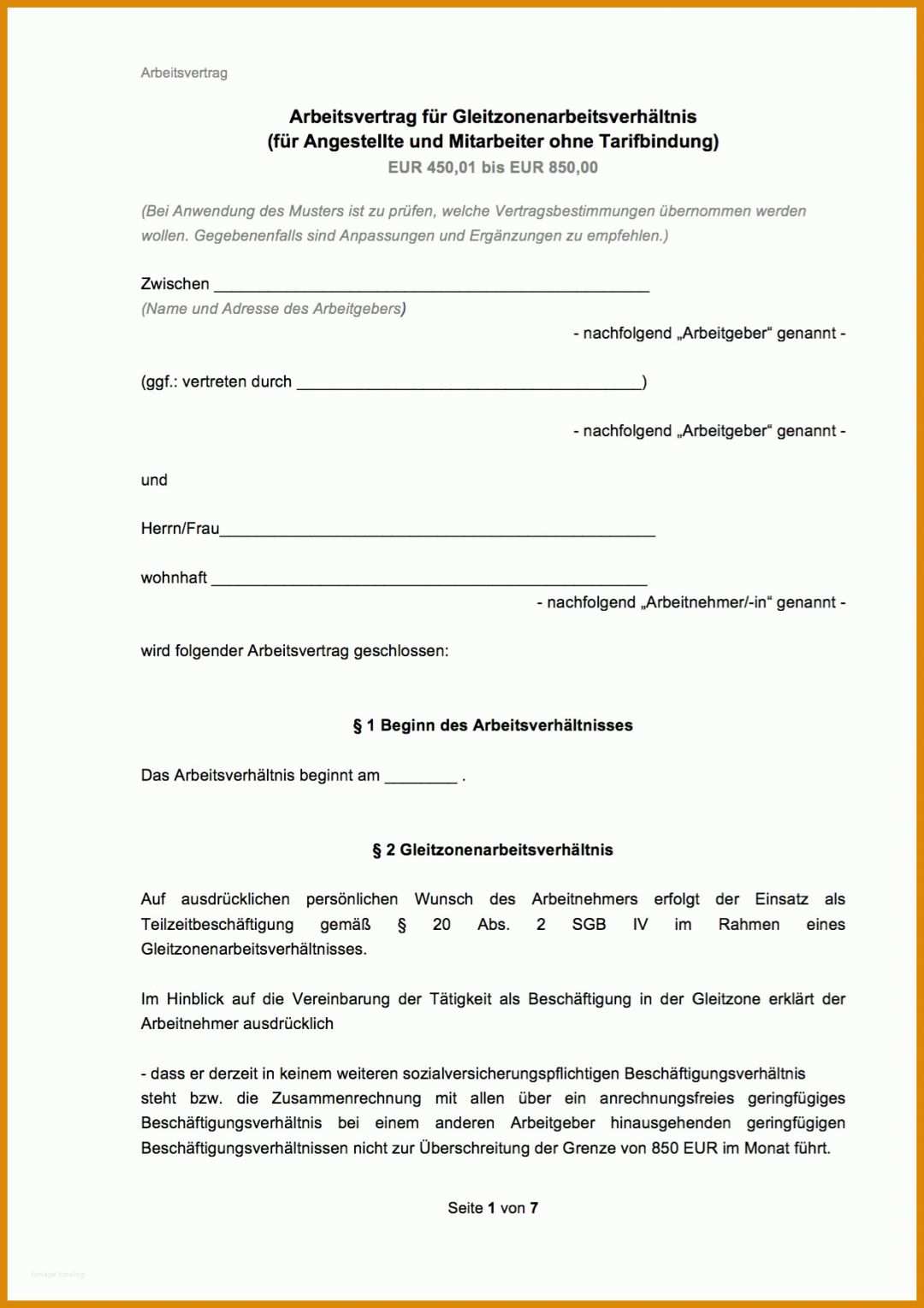 Empfohlen Minijob Arbeitsvertrag Vorlage 1239x1754