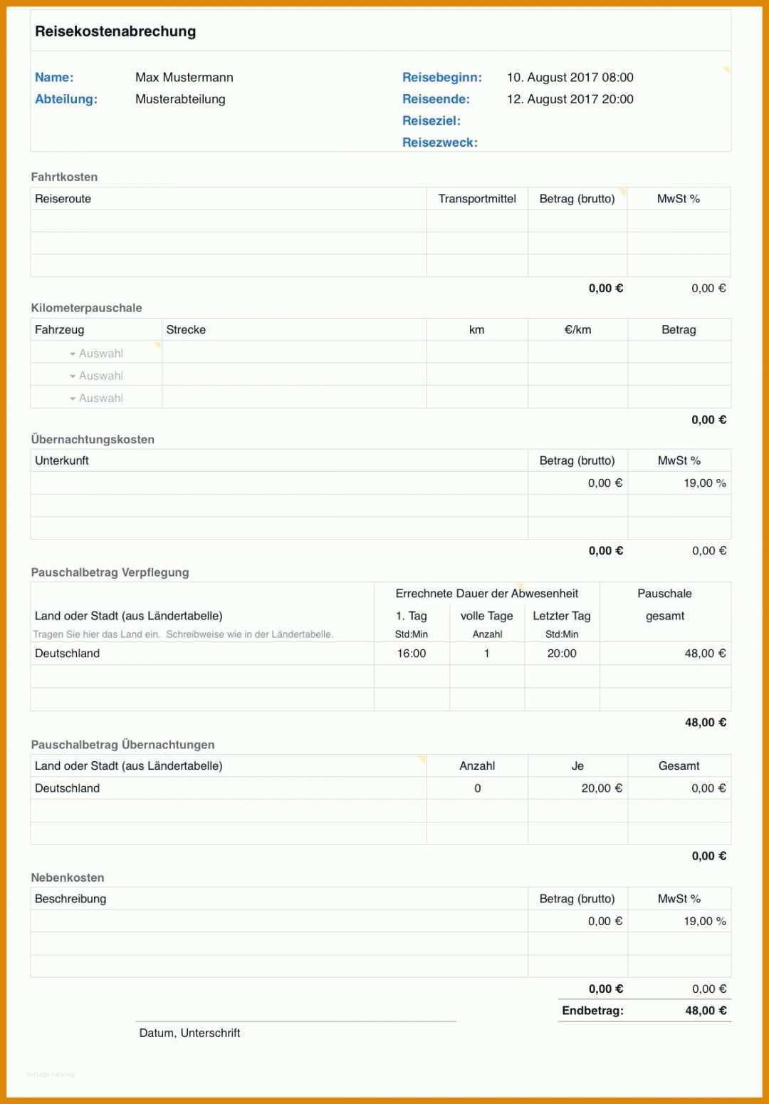 Hervorragen Reisekostenabrechnung Vorlage Finanzamt 1170x1678