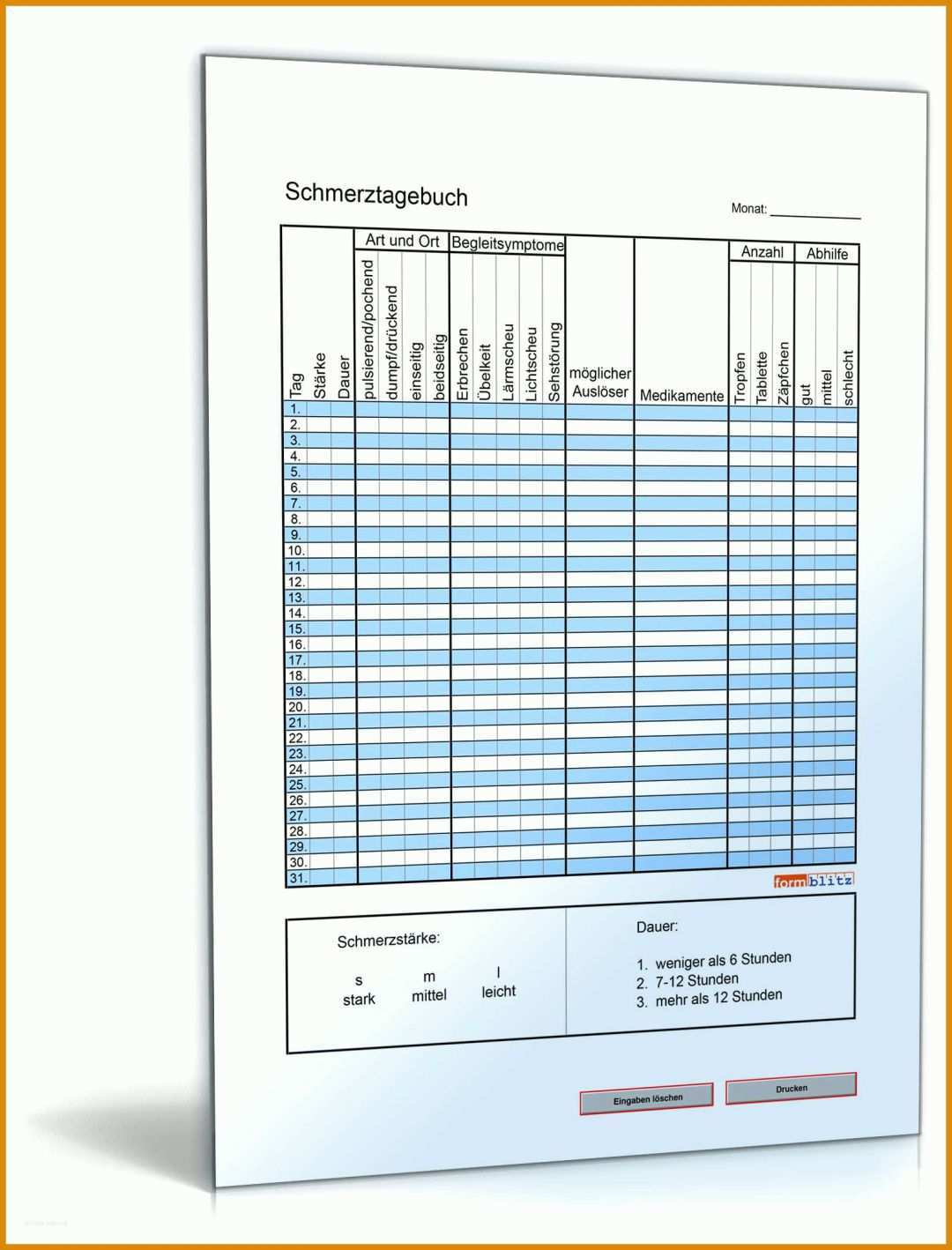 Faszinierend Schmerztagebuch Vorlage 1600x2100