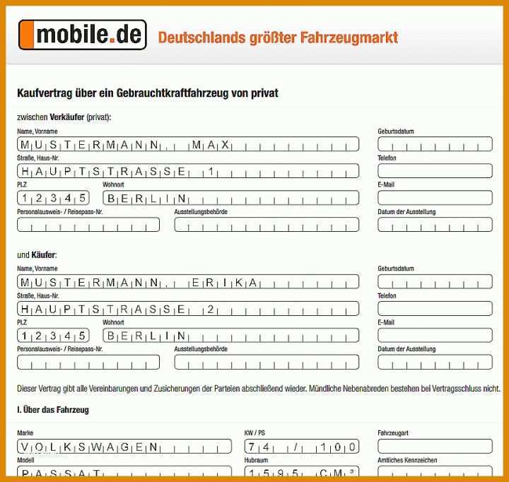 Überraschend Vorlage Vertrag Autoverkauf Privat 860x815