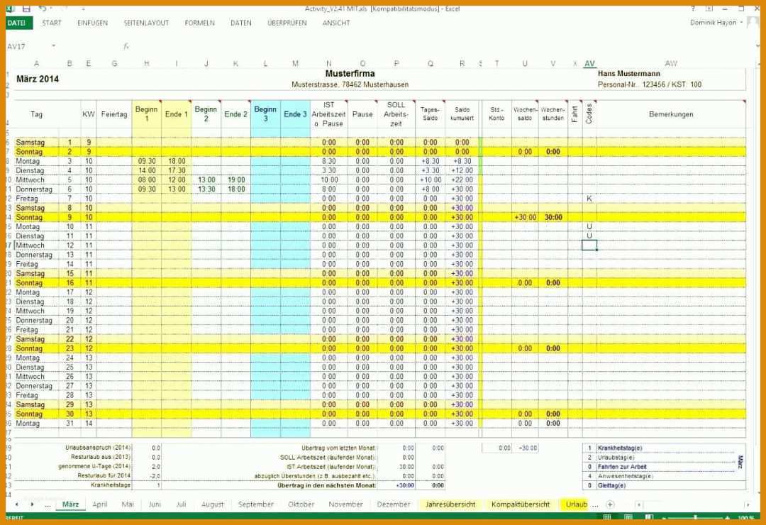Wunderschönen Arbeitszeiterfassung Excel Vorlage 2019 Kostenlos 1321x905