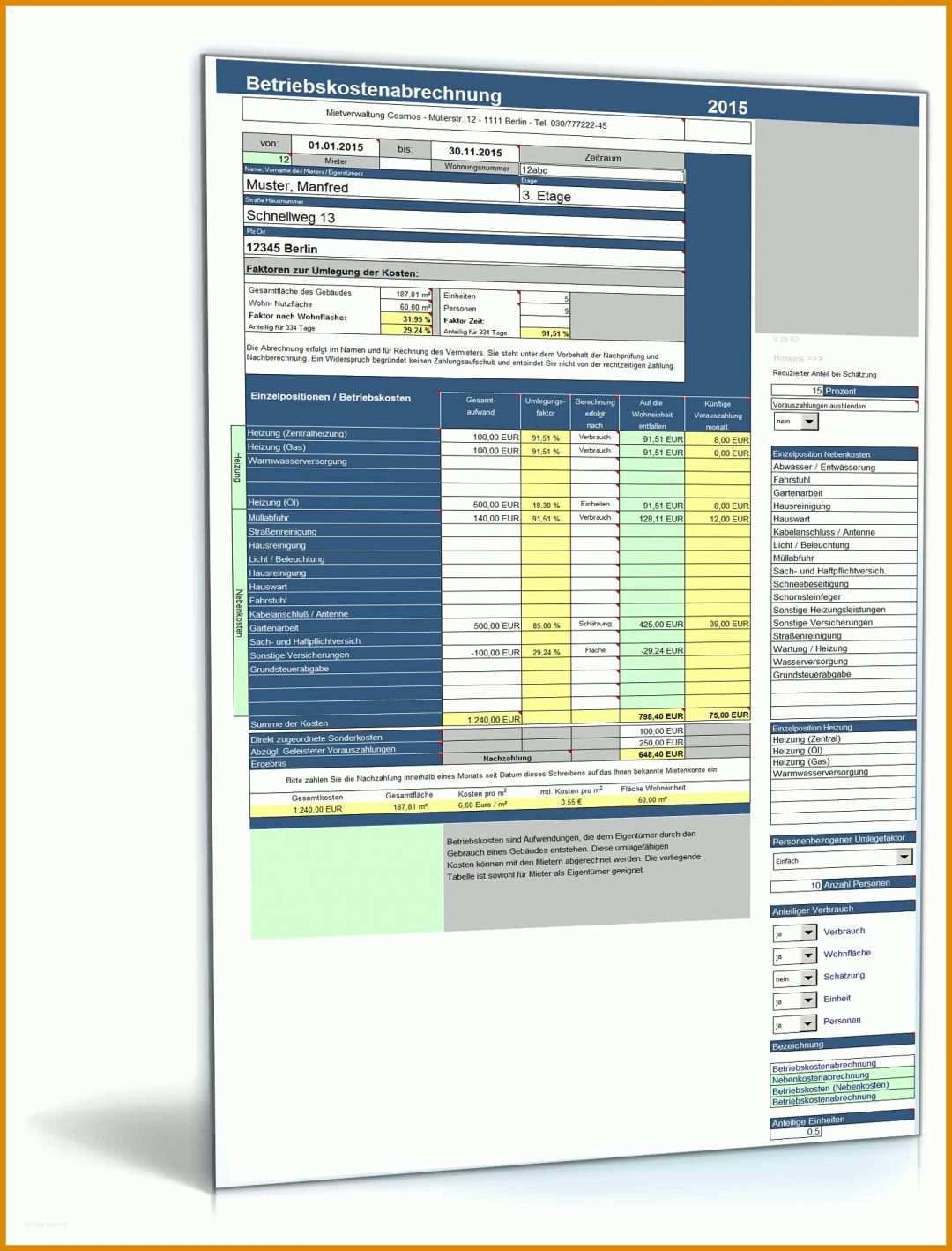 Unvergesslich Excel Vorlage Betriebskostenabrechnung 1600x2100