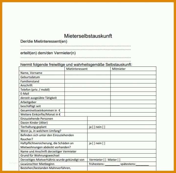 Selbstauskunft Mieter Vorlage Mieter Selbstauskunft Formular