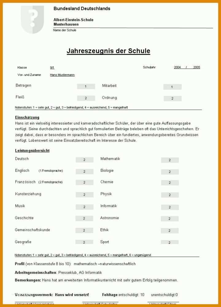 Vorlage Zeugnis Zeugnis