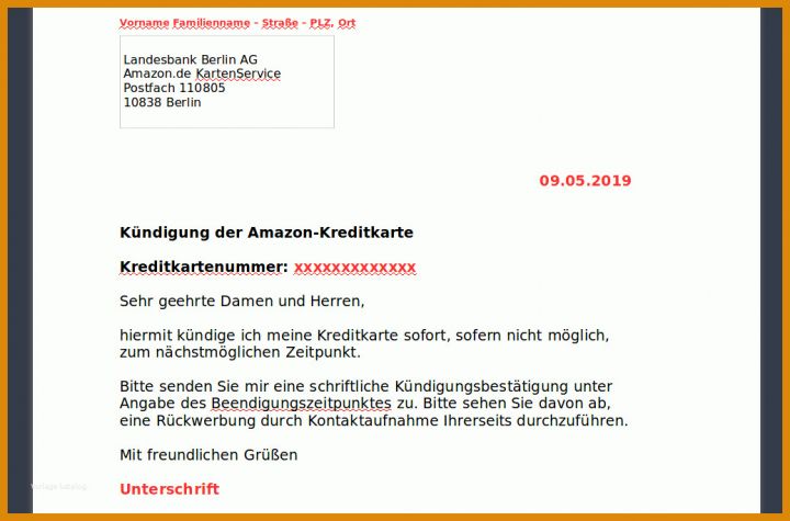 Amazon Visa Kündigen Vorlage Kreditkarte Kuendigen Vorlage