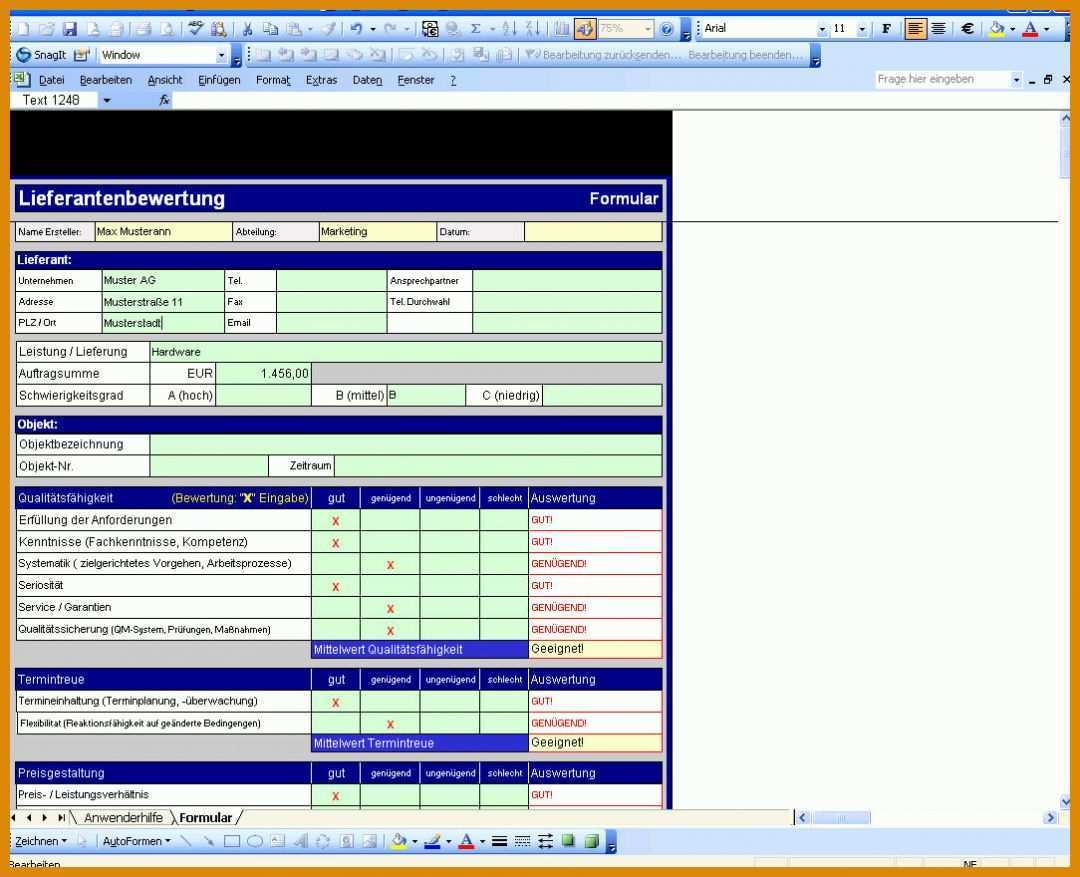 Original Lieferantenbewertung Excel Vorlage 1084x880