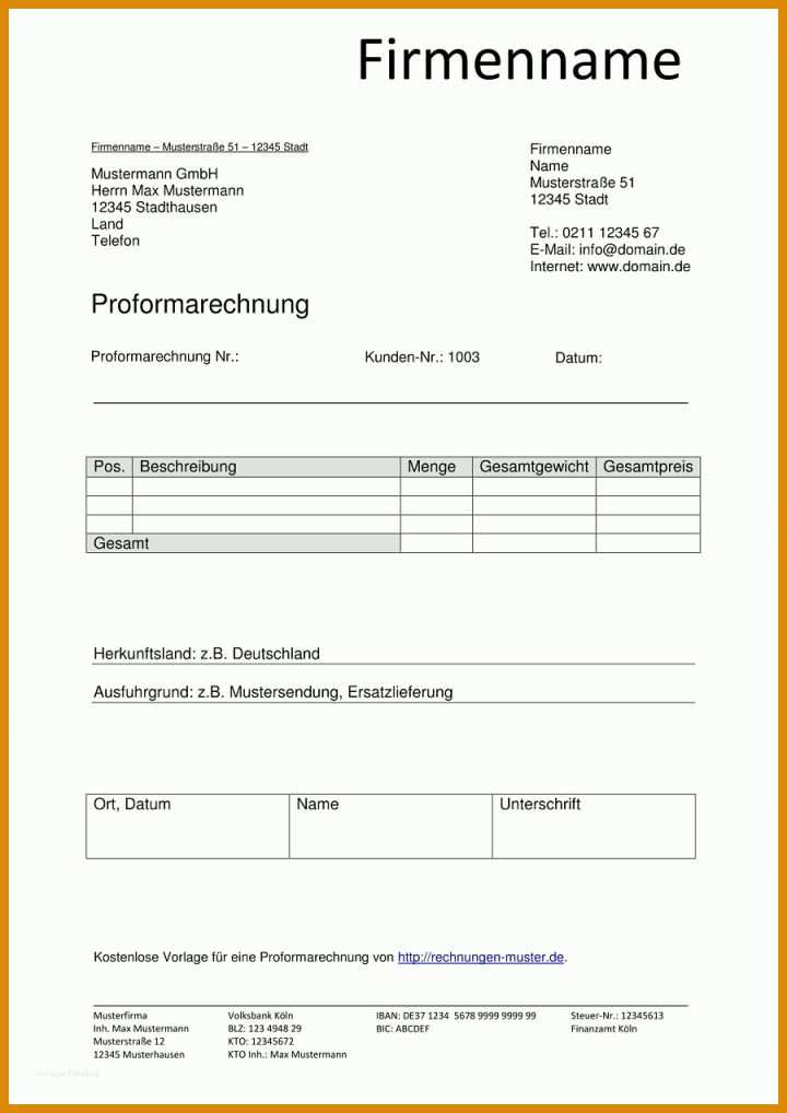 Proforma Invoice Vorlage Proforma Rechnung