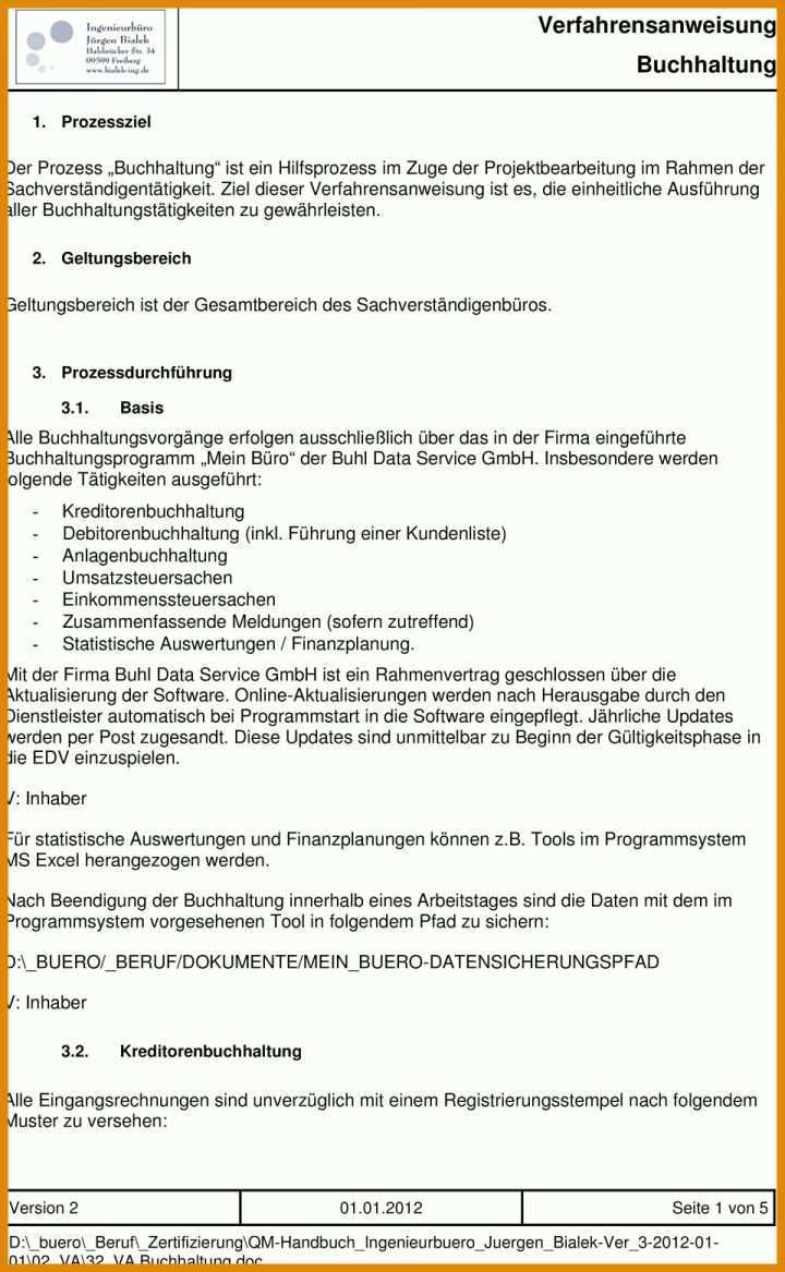 Verfahrensanweisung Vorlage Verfahrensanweisung Buchhaltung