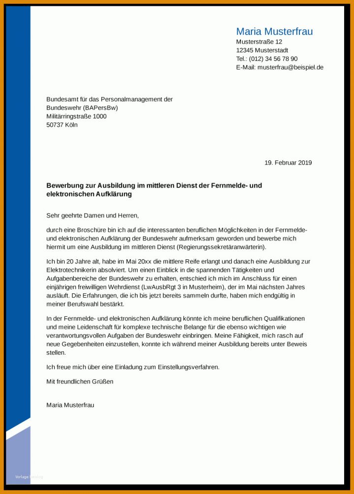 Anschreiben Bundeswehr Vorlage Ausbildung Bundeswehr