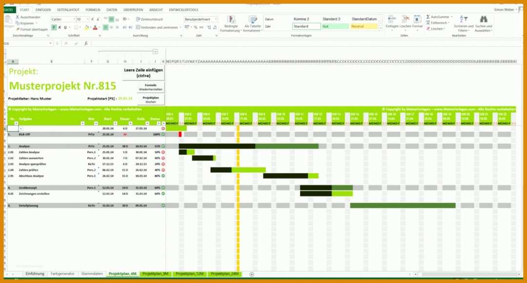 Hervorragen Projektplan Excel Vorlage Gantt 1400x752